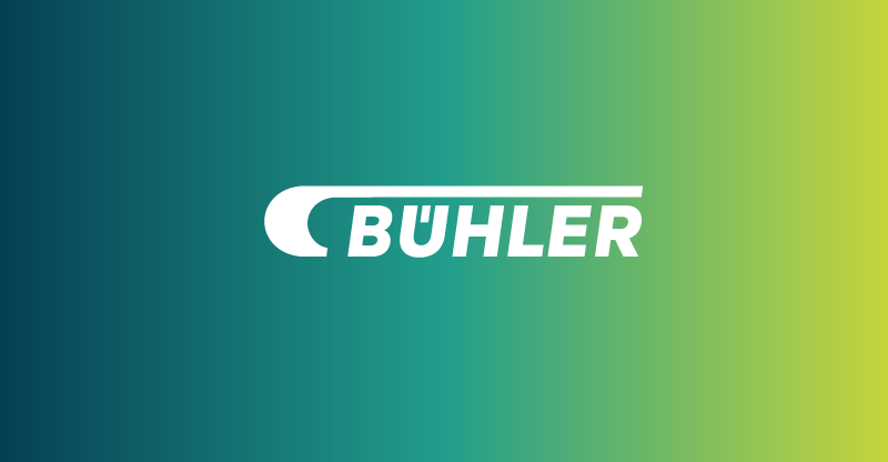 Dark green to yellow gradient rectangle with a white Buhler logo on top